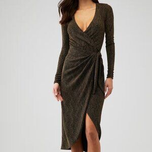 NWT Show Me Your Mumu Midi Length Kimora Wrap Dress Sz Small Gold Black Stretch